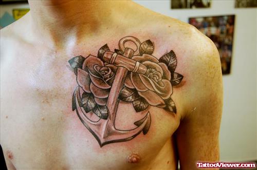 Grey Rose Flowers And Anchor Tattoo On chest