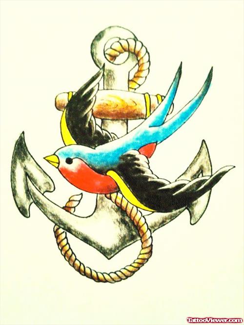 Colored Flying Bird And Anchor Tattoo Design