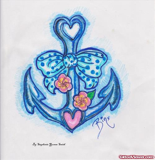Blue Anchor Tattoo Design With Bow And Flowers