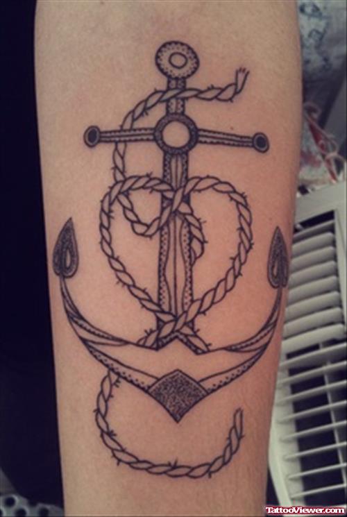 Grey Ink Anchor Tattoo With Rope Heart
