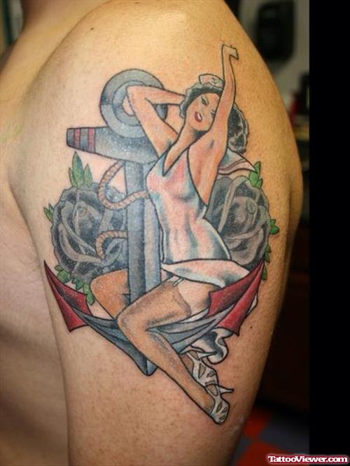 Black Rose and Pin Up Girl Sitting On Anchor Tattoo