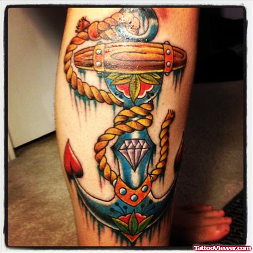 Amazing Colored Anchor Tattoo On Leg