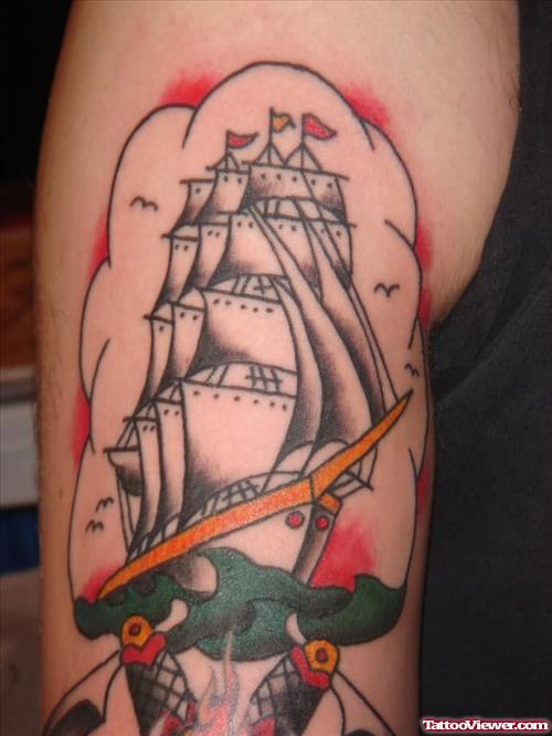 Colored Ship And Anchor Tattoo
