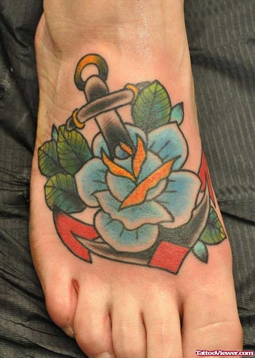 Blue Rose And Anchor Tattoo On Right Foot