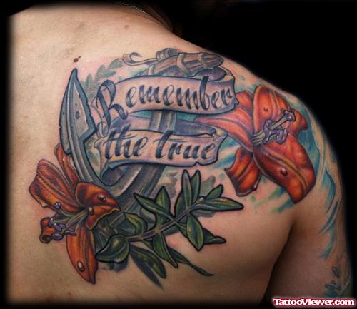 Anchor Tattoo With Lily Flowers And Remember The True Banner