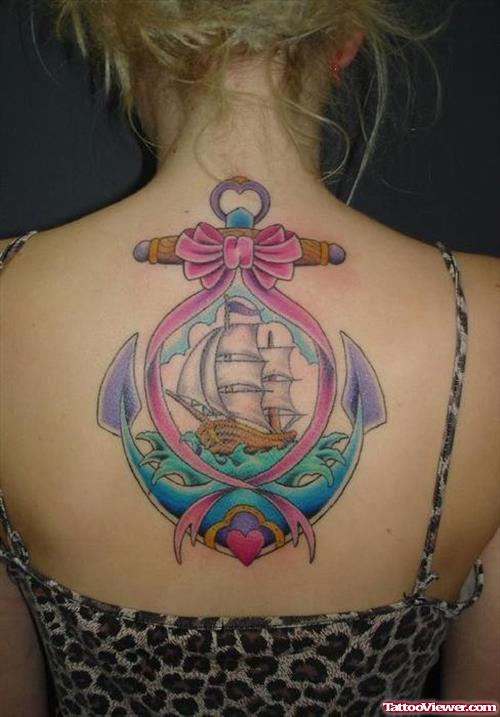 Beautiful Anchor Tattoo With Ship On Girl Upperback