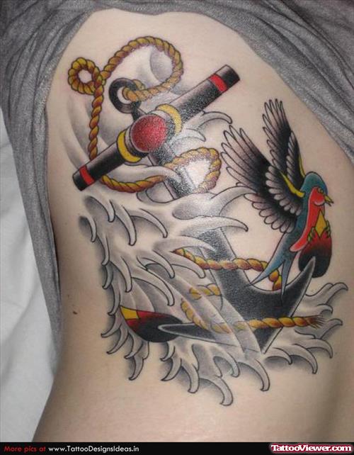 Anchor And Flying Bird Tattoo On Side Rib
