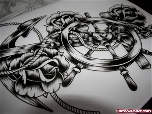 Black Rose Flowers And Anchor Tattoo Design