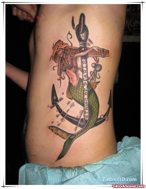Attractive Mermaid And Anchor Tattoo On Side