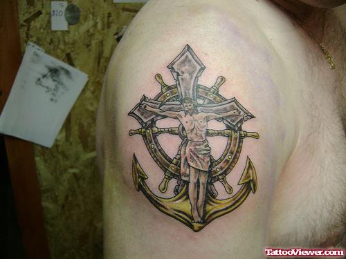 Anchor and Cross Tattoo On Shoulder