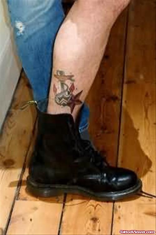 Star Anchor Tattoo Design On Leg