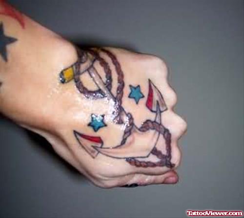 Anchor Tattoo On Hand With Stars