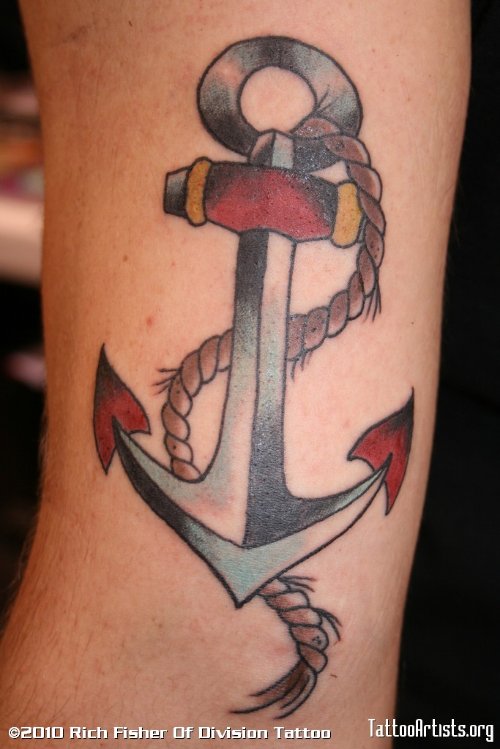 Grey Ink Anchor With Rope Tattoo On Half Sleeve