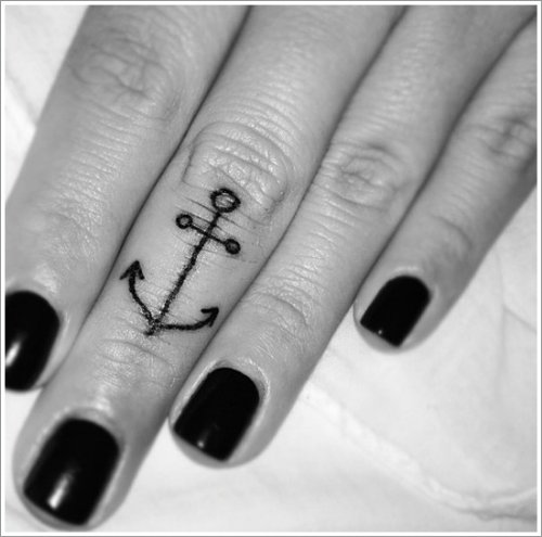 Black Anchor Tattoo On Middle Finger