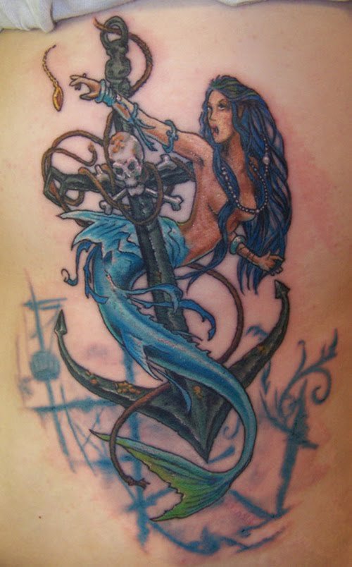 Mermaid Colored Anchor Tattoo