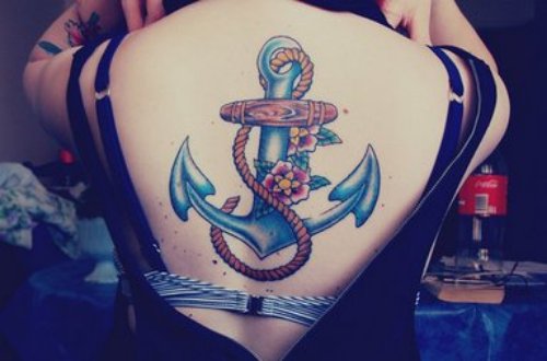 Blue Anchor Tattoo On With Rope And Flowers