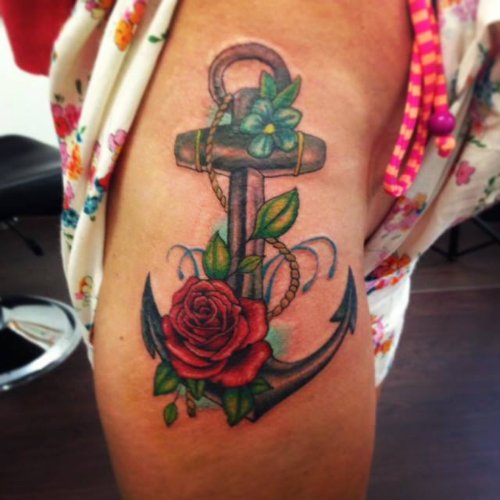 Anchor And Red Rose Tattoo On Side