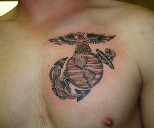 Eagle Globe Anchor Tattoo On Man Chest