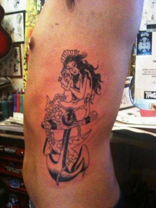 Rib side Anchor Tattoo With Mermaid