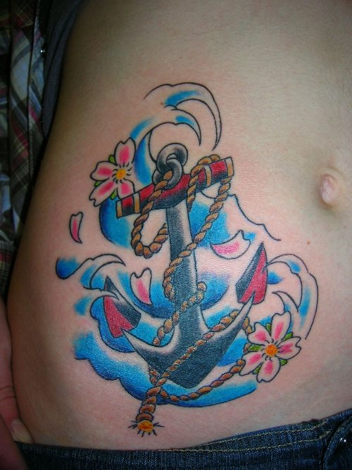 Cherry Blossom Flowers And Anchor Tattoo On Hip