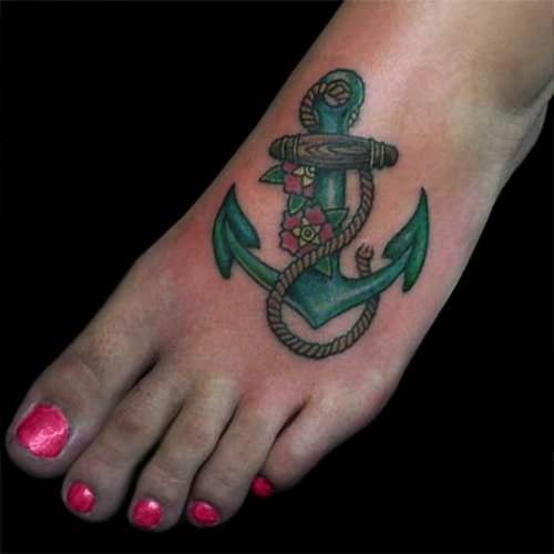 Green Ink Anchor Tattoo On Girl Left Foot