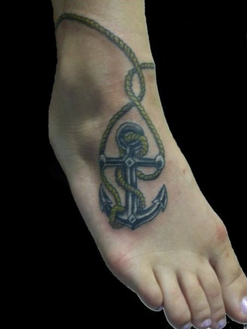Grey Ink Anchor Tattoo On Girl Right Foot
