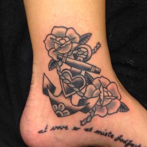 Flowers And Anchor Tattoo On Ankle