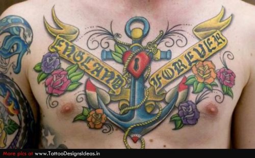 Colored Rose Flowers And Anchor Tattoo On Man Chest