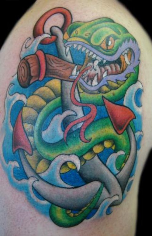 Green Snake And Anchor Tattoo