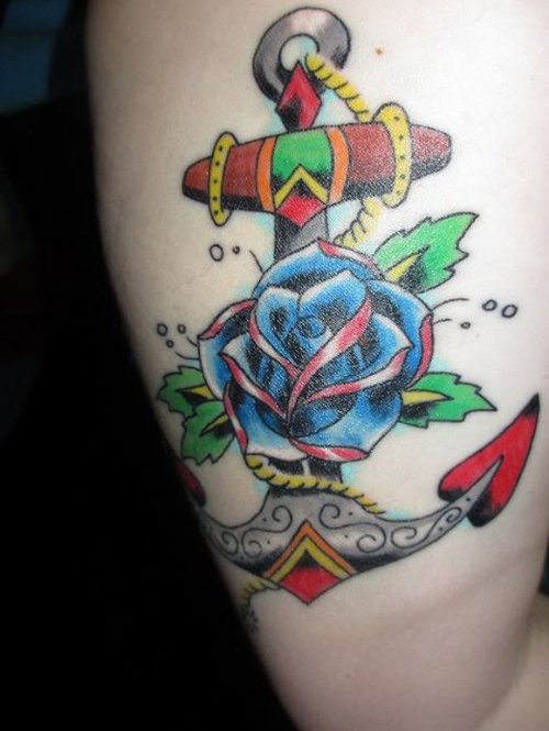 Blue Rose And Colored Anchor Tattoo
