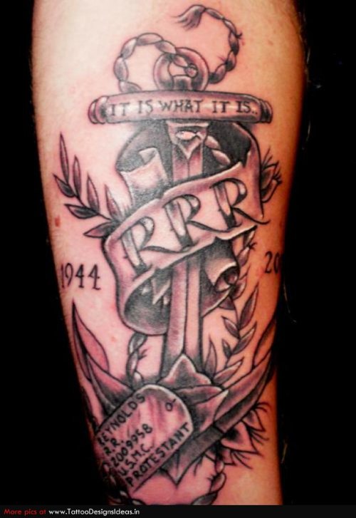 Grey Ink Anchor Tattoo With Banner