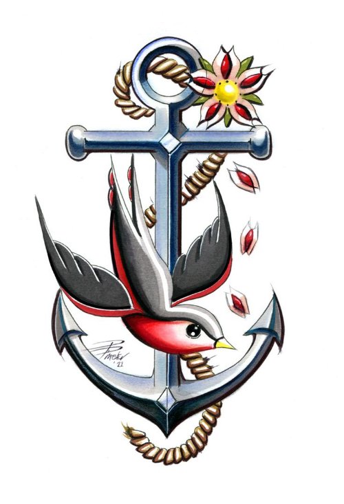 Flying Swallow And Rope Anchor Tattoo Design
