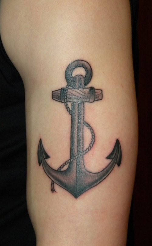 Grey Ink Rope Anchor Tattoo On Left Bicep