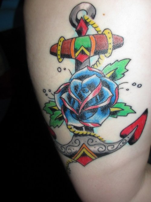 Blue Rose With Traditional Anchor Tattoo