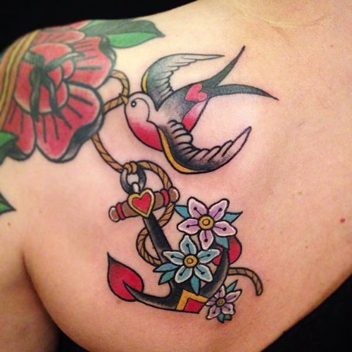 Traditional Anchor And Swallow Tattoo On Left Back Shoulder