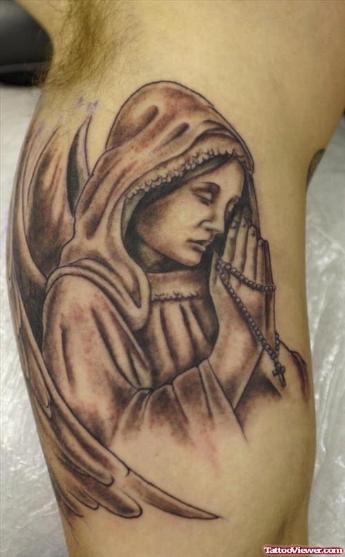 Praying Angel Girl Head Tattoo On Muscles