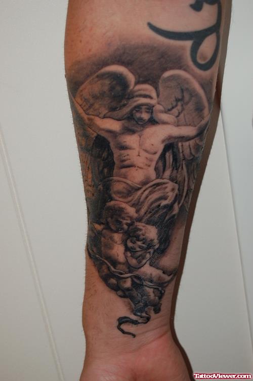 Grey Ink Guardian Angel And Baby Angels Tattoo On Arm