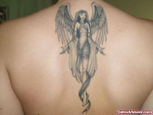 Attractive Grey Ink Angel Tattoo On Back