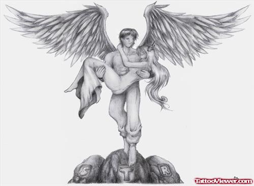 Male Angel With Angel Girl Tattoo Design
