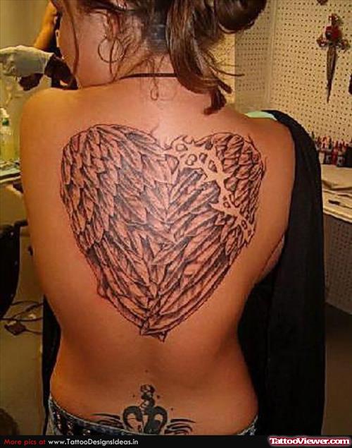 Grey Ink Angel Wings Heart Tattoo On Girl Back Body