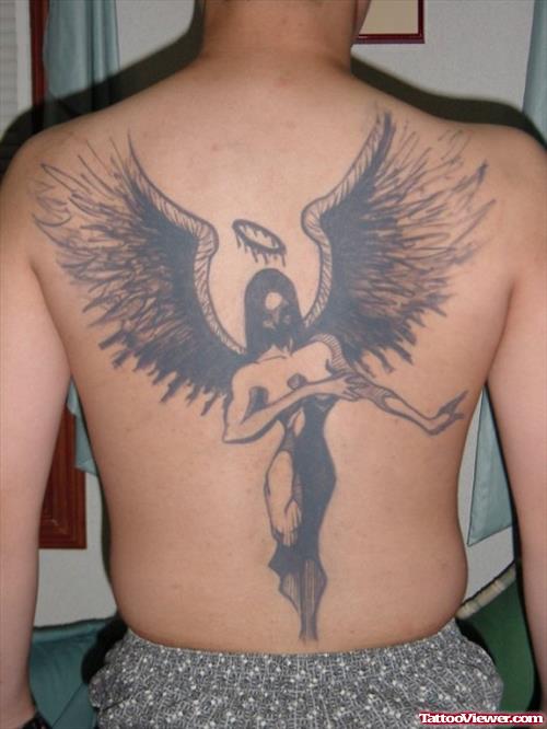 Attractive Grey Ink Angel Tattoo On Man Back Body