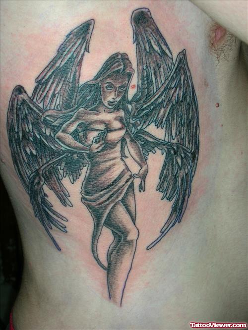 Grey Ink Angel Tattoo On Rib Side