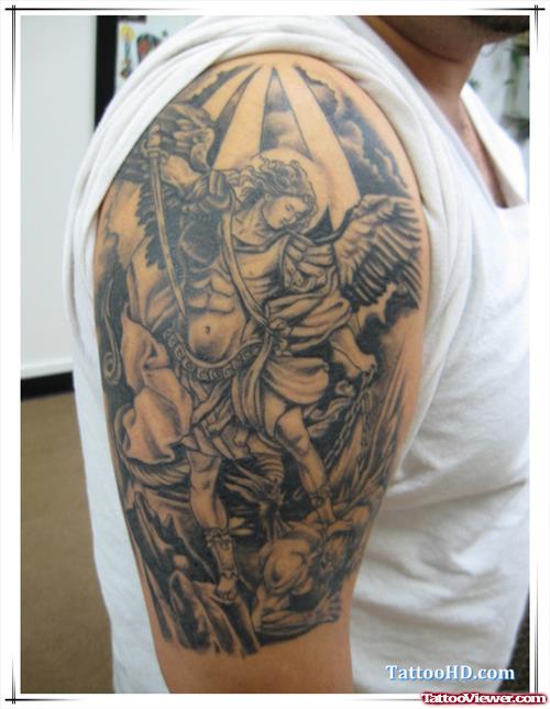 Grey Ink Archangel Tattoo On Right Shoulder