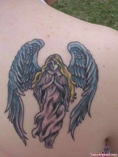 Praying Angel Tattoo On Right Back Shoulder