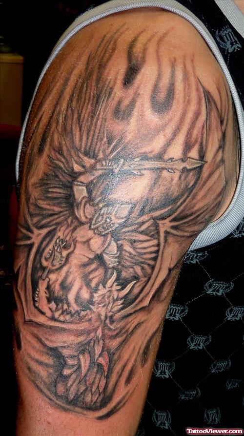 Grey Ink Warrior Angel Tattoo On Right Half Sleeve