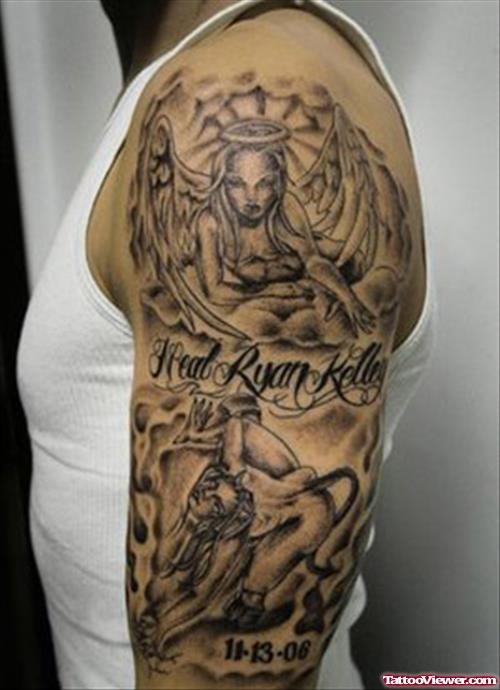 Devil And Angel Grey Ink Memorial Tattoos On Half Sleeve