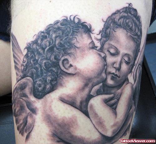 Baby Angels Kissing Grey Ink Tattoo
