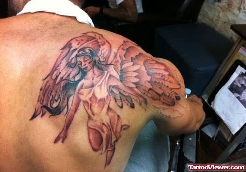 Angel Flying Tattoo On Right Back Shoulder