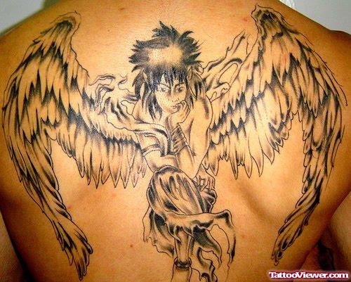 Grey Ink Angel Tattoo On Man Upperback