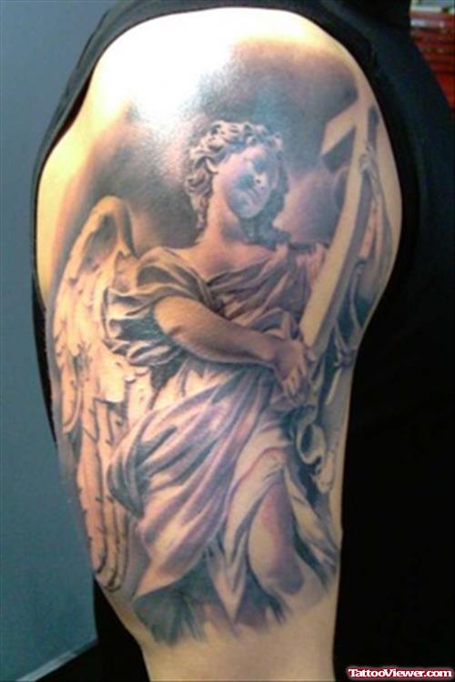 Angel With Cross Grey Ink Tattoo On Right Half Sleeve